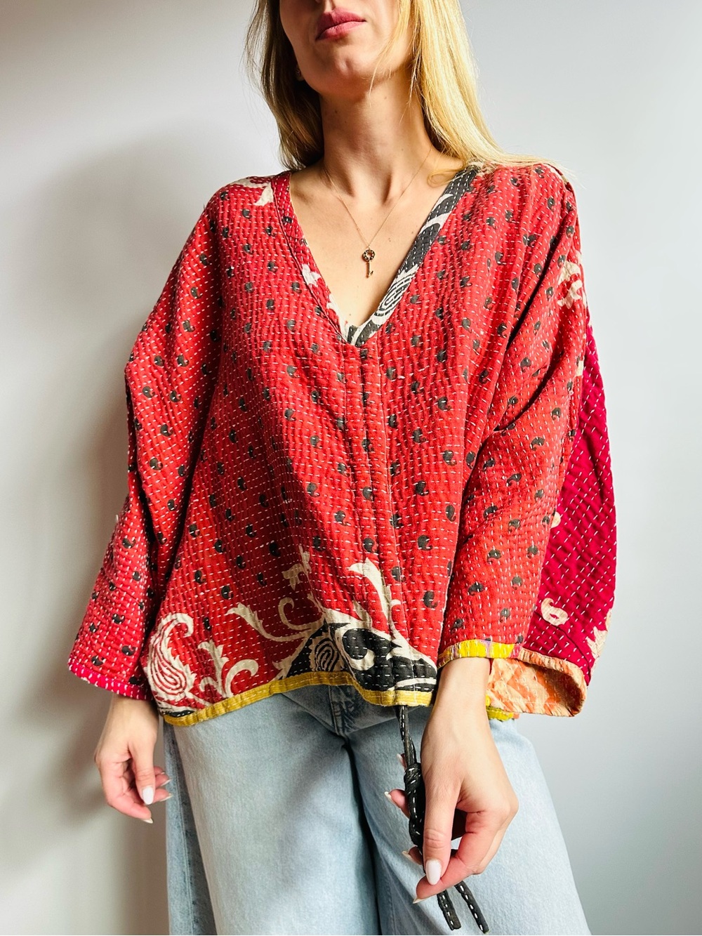 Handmade Kantha Quilted Boho Floral Paisley Oversized V-neck One Size Blouse Top